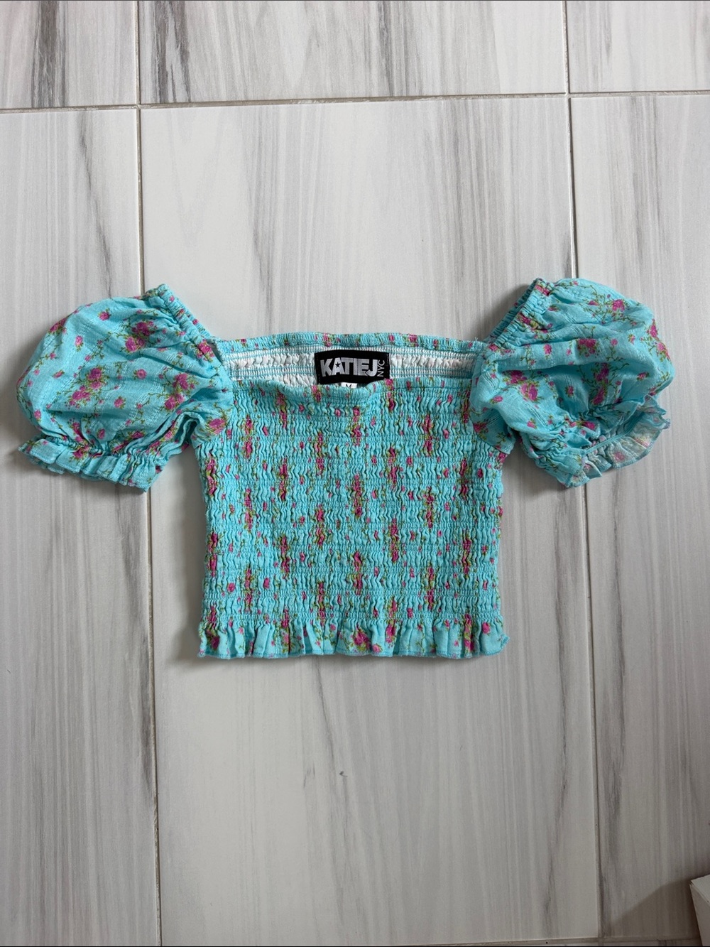 Katie J NYC Turquoise Floral Smocked Puff Sleeve Top